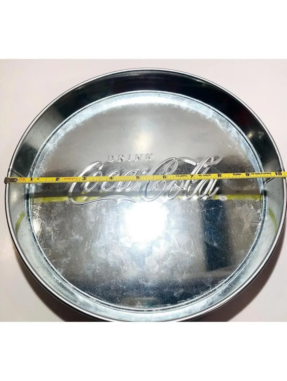 Coca Cola Chrome Silver Tin Tray Retro Coke Circle VTG Kitchen Decor Memorabilia